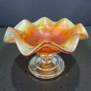 Antique Dugan Art Glass Footed Carnival Candy Dish Compote Bowl Iridescent VTG